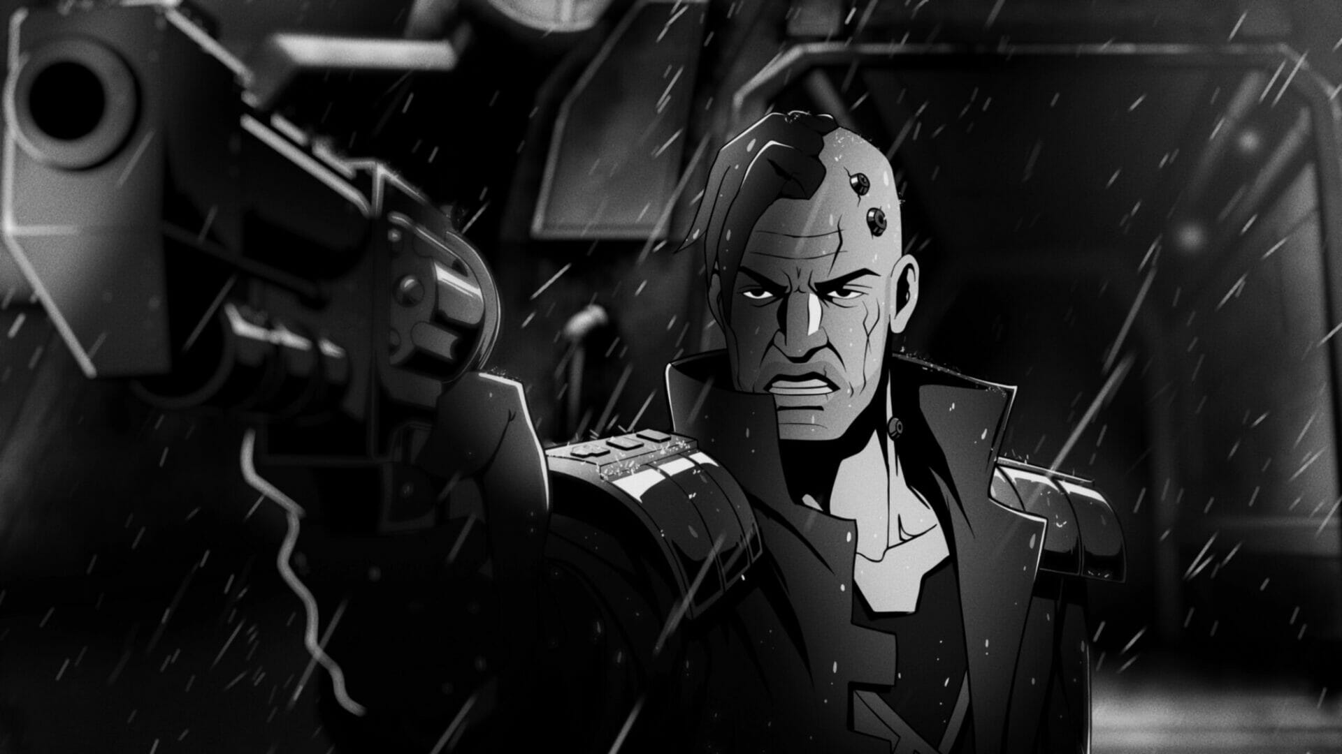 thumbnail from animation serie Warhammer INTERROGATOR, person holding a gun