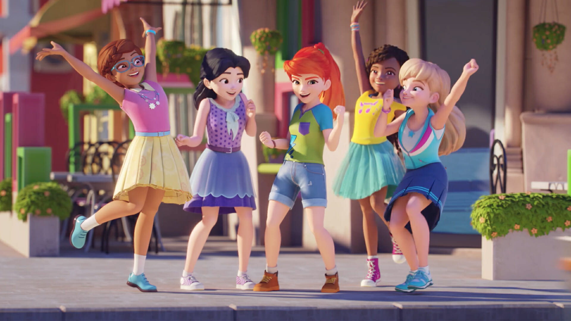 Thumbnail from LEGO FRIENDS Tv-serie: five happy girls walking on the sidewalk
